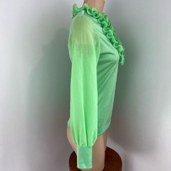Vintage Young Con tempos Womens XS S Green Regal Ruffled Blouse Shirt Frill - Picture 7 of 16
